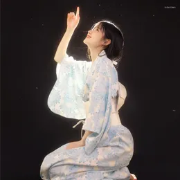 Ubranie etniczne Tradycyjne japońskie kimono z Obi Performance Dance Costume Kobiety Niebieski nadruk kwiat Yukata Sukienka Vintage Gejsha