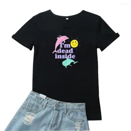 Women's T Shirts I'm Dead Inside T-shirt Women Cute Dolphin Pattern Shirt Loose Casual Tees Tshirt Round Neck Camiseta Mujer Tops
