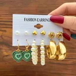 Hoop Earrings 5Pcs/1Set Women's Retro Green Simple Heart Oil Drop Pendant Jewelry Girl Princess Banquet Party