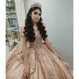 Gül Altın Uzun Kollu Prenses Quinceanera Elbiseler Glitter Boncuk Kristal Ruffles Danton-Up Corset Prom Vestido De XV Anos