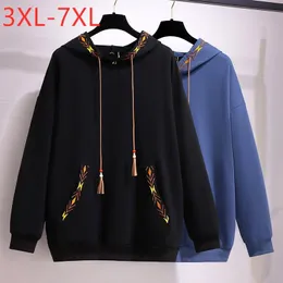 ملابس خارجية للسيدات بالإضافة إلى معاطف الحجم 2023 خريف شتاء النساء ملابس pullover hoodie طويلة الأكمام الزرقاء القطن معطف القمصان 3xl 4xl 5xl 6x