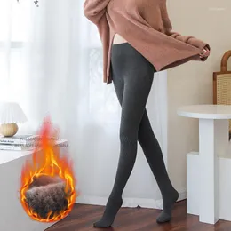 Leggings da donna invernali addensati felpati in cotone a righe verticali collant solidi pantaloni attillati casual da donna fondi termici skinny caldi