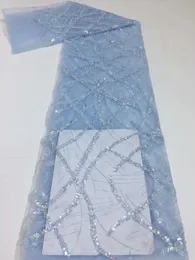 Tecido céu azul europeu vestido de noiva francês miçangas lantejoulas tule tecido de renda bordado rede 5 jardas tecido de renda para casamento