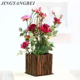 装飾的な花木製フェンスボンサイ人工ローズ花瓶セットの鉢植えの偽の花のデスクトップ植物ホームデコレーション1