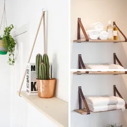 Organizacja dom łazienka pu skóra wisząca drewniana szelf stojak rośliny kwiatowy taca na półki ścienne organizator Nordic DIY Dekoracja domu