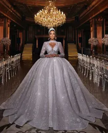 Luxus-Ballkleid-Hochzeitskleider mit langen Ärmeln, V-Ausschnitt, Neckholder, Pailletten, Applikationen, Rüschen, Brautkleider, Perlen, 3D-Spitze, Reißverschluss, Diamanten, Übergröße, nach Maß, Vestido de Novia