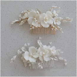 Hair Jewelry Slbridal Handmade Alloy Leaf Ceram Flower Freshwater Pearls Bridal Comb Accessories Women Drop Delivery Dhgarden Dhfwp