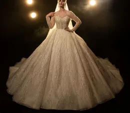 Abito da ballo di lusso Abiti da sposa Maniche lunghe Scollo a V Paillettes Appliques Perline Lunghezza pavimento Increspature Strato di pizzo 3D Abiti da sposa lucidi Taglie forti Vestido de novia