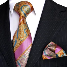 E6 Paisley Stripes Multicolor Orange Yellow Blue Pink Mens Tie Slips Set Hanky ​​100% Silk Whole309g