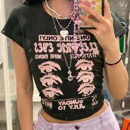 Camiseta Punk Grunge con estampado de ojos ajustados para mujer, camisetas Y2K para bebé, camisetas de manga corta, ropa de calle Harajuku recortada para verano Egirl