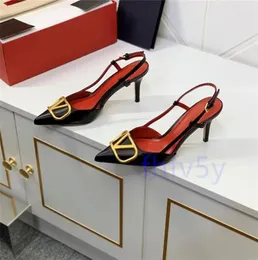 Модельные туфли Дизайнерские брендовые женские сандалии на высоком каблуке из натуральной кожи с металлической v-образной пряжкой Летние новые туфли с острым носком на тонком каблуке 6 см, 8 см, 10 см, один в коробке