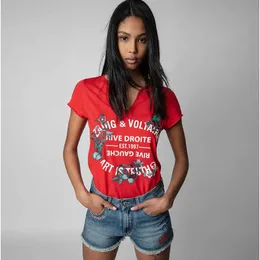 Zadig Voltaire 23ss Summer Cotton New Women Designer T-shirt Klassisk bokstavstryck Blomsterbroderi u hals Kortärmade toppar