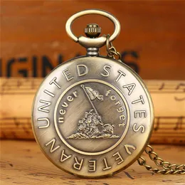 Bronze Kom ihåg historien USA Veteran Pocket Watch Men Women Quartz Analoga klockor med halsbandskedjan Full Hunter Ara308B