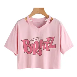 T-Shirt New Pink Summer Bratz Letter Tshirt Women Casual Crop tops Punk Gothic Top Streetwear Vneck short sleeve Harajuku Graphic Tee