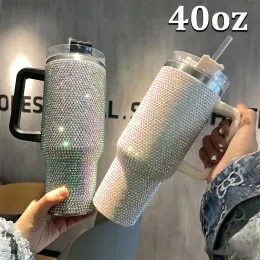 40 oz elmas su şişeleri, kapak samanlı paslanmaz çelik kahve kupaları ile yalıtılmış yalıtılmış bardaklar Termos fincanları FY5717 2023