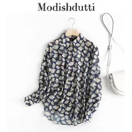 Shirts Modishdutti 2023 Hoge Kwaliteit Lente Herfst Vrouwen Mode Casual Leaf Printing Shirt Tops Vrouwelijke Losse Lange Mouw Zijden Blouse