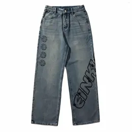 Herr jeans amerikanska streetwear grunge y2k hip hop denim byxor brev tryck applikationer baggy brun för män rak ben blå byxor