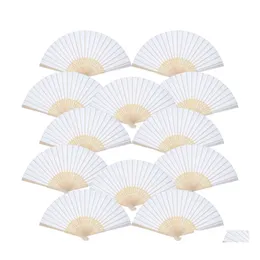 Party Favor 12 Pack Hand Hold Fans White Paper Fan Bamboo Folding Handheld Folded For Church Wedding Present Drop Delivery H DHT0I