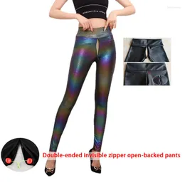 Kvinnors leggings sexiga osynliga öppna säte byxor höga midja läder shorts imitation yoga stretch fötter utomhus sexbyxor