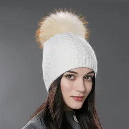 Chapéu de pompom de pêlo de inverno para mulheres Cashmere Wool Cotton Hat Big Real Raccoon Fur Pompom Beanies Cap Fox Fur Bobble Hat3187