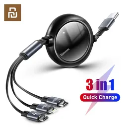 Accessories Youpin Baseus 100W 3 In 1 USB C Charge Cable for iPhone 12 120cm Micro USB Type C Cable Retractable Portable Charging Cable