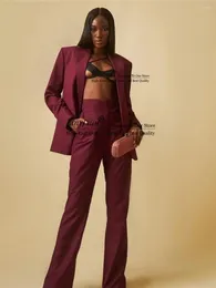 Kvinnors tvåbitar byxor Fashion Bourgogne Women Suits Set Custom Made 2 Pieces Peaked Lapel Loose Over Size Blazer Pant Streetwear Outdoor