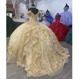 Champagne Gold Abiti Quinceanera Gillter con spalle scoperte 3D Floral Lace-up Corsetto Cathedral Train Prom Vestidos de 15 aNos