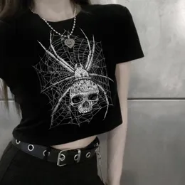Camiseta Grunge oscuro Punk estampado de calavera camiseta gráfica Harajuku telaraña esqueleto gótico Casual ropa de calle Chic Y2K Casual Top corto ajustado