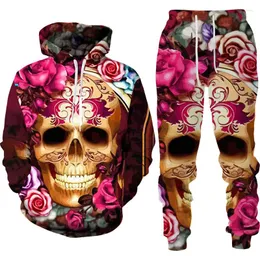 Tracksuits voor heren herfst Rose Skull 3d print mannen broek pakken paar outfits vintage hiphop stijl hoodies broek set mode heren's