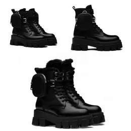 Women Monolith Leather Boot Rois Nylon Combat Boots Fur Ankle Martin Boots With Pouch Battle Shoes Rubber Sole Platform Shoes NO43278G