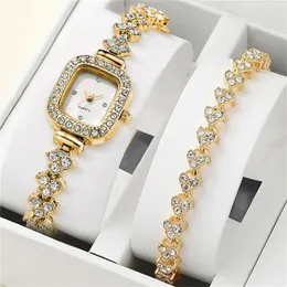 Нарученные часы 2 штука набор Ladies Lady Riamon Diamond Square Face Face Quartz Watch мода браслет из нержавеющей стали женский