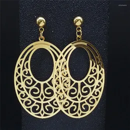 Pendientes de tuerca de acero inoxidable Bohemia flor de la vida mujeres Color dorado ovalado Boho joyería grande Boucle D Oreille E9314S04