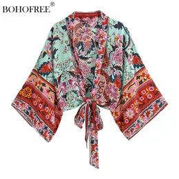 Maillots de bain Boho Vintage imprimé floral ceintures courtes Kimono femmes 2023 mode dames Blouses décontracté col en V manches chauve-souris bohème CoverUp