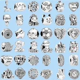 925 Sterling Silver Charms för Pandora smycken pärlor Ny silverfärg Lucky Cat Feather Owl Castle DIY