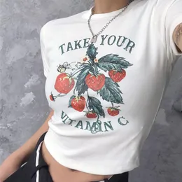 T-shirt jaren 90 vintage schattig casual zoete aardbei print crop top zomer harajuku streetwear kawaii graphics Y2K slanke brief vrouwen T-shirt