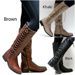 Ucuz Tasarımcı Kadın Diz Yüksek Botlar Moda Yuvarlak Toe Toe Toe Low Topuk Ayakkabı Üç Renk Dantel Yukarı Lady Motosiklet Boot232f