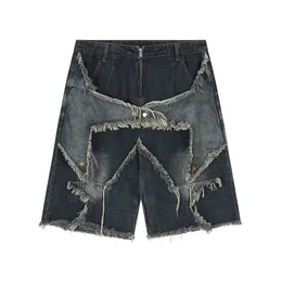 High Street Washed Vintage Patchwork Jeans Shorts for Men Straight Wide Leg Baggy Casual Summer Denim Knee Length Pants