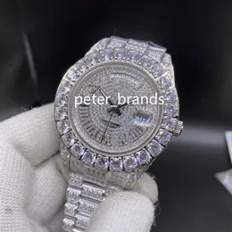 Prong Set Diamond Men's Watch Full Iced Wristwatch Silver Rostfritt stål Case Diamond Strap 43mm Automatiska män Watches2220