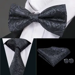 Hi-Tie Classic Mens Tie Black Floral Silk Woven Bowtie with Handkerchief Cufflinks for MensウェディングドレスファッションスーツLH-0718 D-1276E