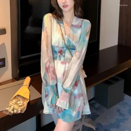 Casual Dresses Deeptown Korean Fashion Mini Chiffon Shirt Dress Women Elegant Tender Printed V-Neck Lantern Sleeve Tunic Beach Holiday