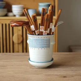 Organization Ceramic Kitchen Cutlery Storage Tube with Drainer Bottom Gadgets Tools Organizer Box Accessories Utensils Conatiner Holder Jar