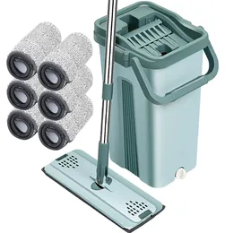 Mops Flacher Bodenwischer und Eimer-Set, wiederverwendbarer Mikrofaser-Bodenreinigungsmopp für Zuhause und Küche mit 6 Ersatz-Mopppads für Waschböden 230512