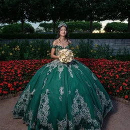 Hunter Green Mexican Quinceanera klänningar från axel paljetter applikationer snörning korsett prom söta 15 vestidos de xv anos
