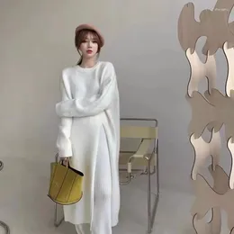 캐주얼 드레스 세련된 니트 하이 허리 스플릿 포크 원피스 한국 드레스 여자 O- 넥 슬리브 스웨터 로브 가을 겨울 2023