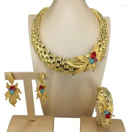 Collana Orecchini Set Yuminglai Fine Dubai Gioielli placcati oro Grandi braccialetti in pietra colorata per le donne FHK14167