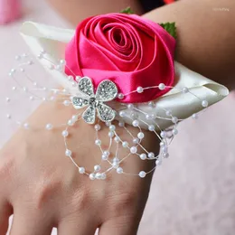 Dekorativa blommor brudtärna Corsage Ribbon Rose For Wedding Prom Satin Pearl Wrist Flower spets corsages Många färger