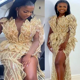 May Aso Ebi Gold Mermaid Prom Dress Pärled Paljett Spets Evening Formal Party Second Reception Födelsedagsengagemang Klänningar Klänningar Robe de Soiree ZJ58 407