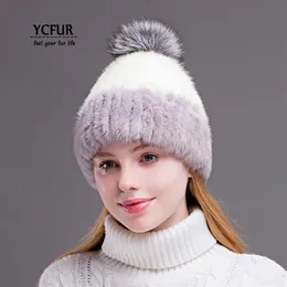 ycfur 겨울 모자 모자 여성을위한 비니 바느질 줄무늬 진짜 모자 모자 여성 진짜 모피 모자 모피 폼 모자 208m