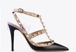 luxury esigner Pointed Toe 2-Strap with Studs high heels Patent Leather rivets Sandals Women Studded Strappy Dress Shoes valentine high heel Shoes