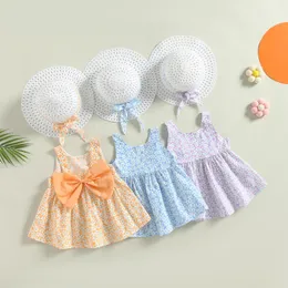 Flickklänningar citgeesummer spädbarn baby flickor prinsessan klänning söt bowknot blommig tryck ärmlös söt sol hatt kläder